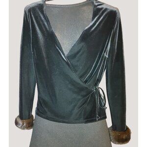Black Velvet Blouse Jacket Top Chetta B NYC Real Mink Fur Cuff Crossover